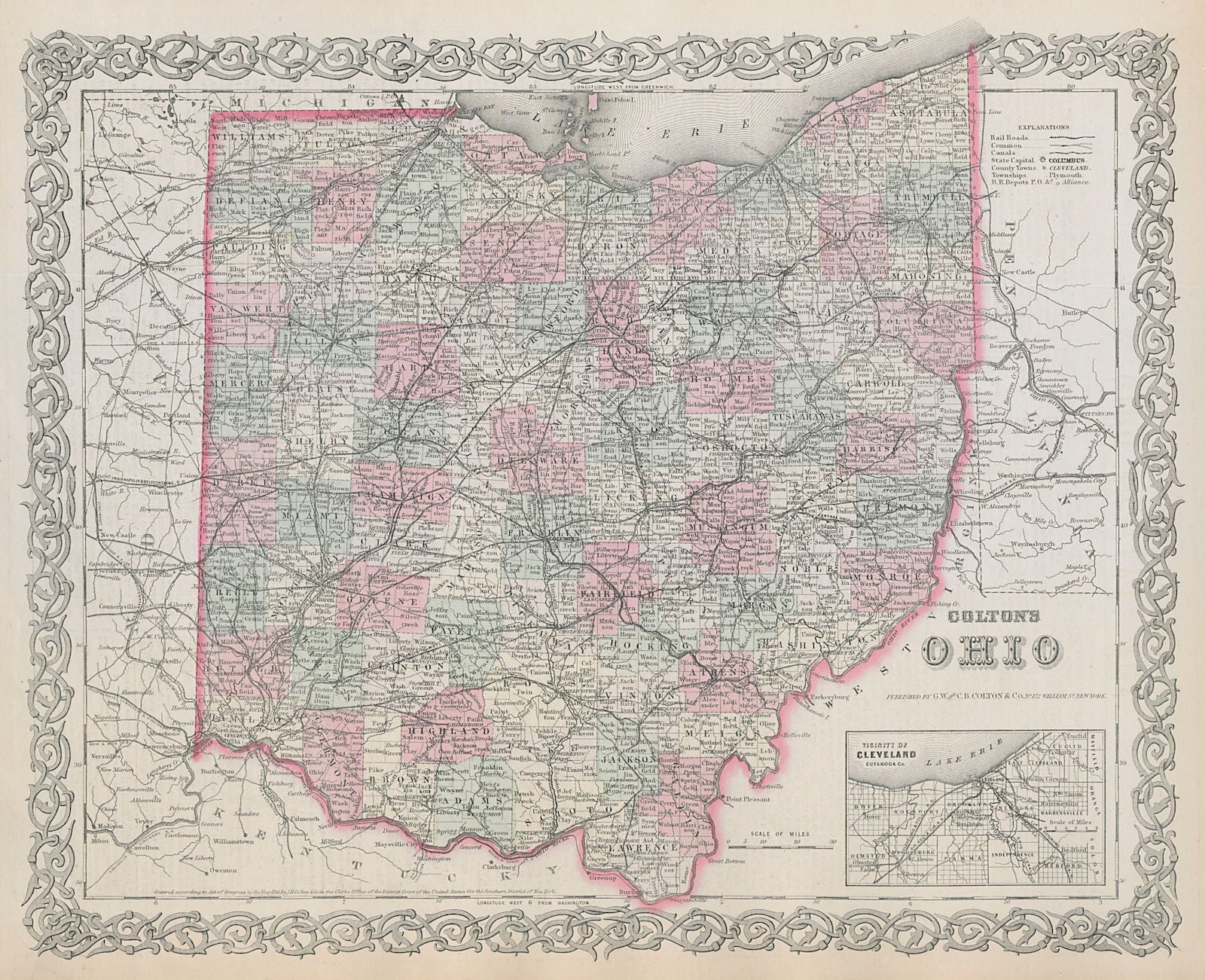 Colton's Ohio. Decorative antique US state map. Cleveland 1869 old